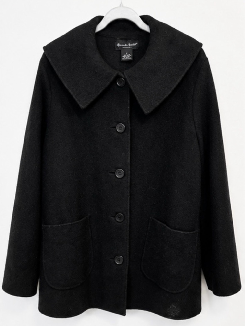 Black Women's Wool Button Jacket with Wide Collar